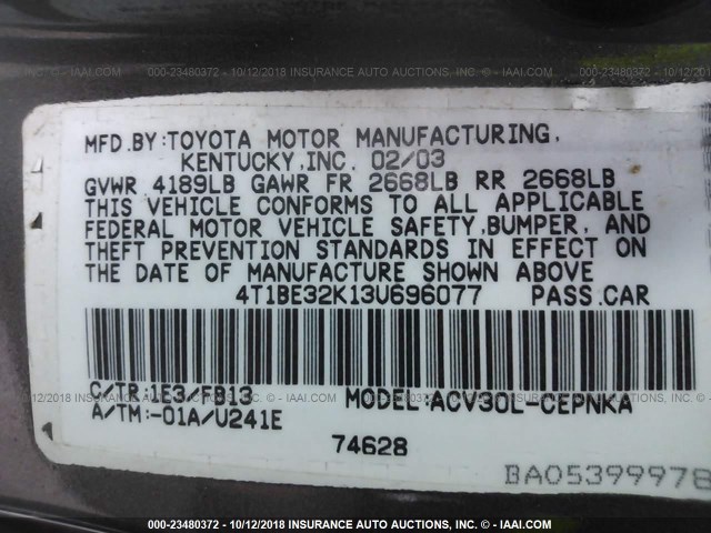4T1BE32K13U696077 - 2003 TOYOTA CAMRY LE/XLE/SE GRAY photo 9