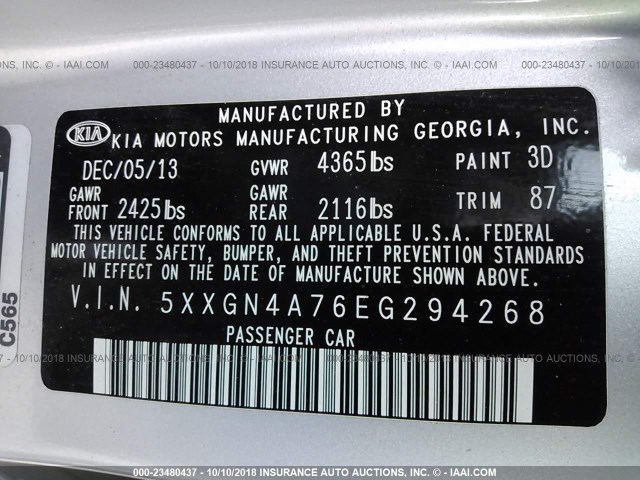 5XXGN4A76EG294268 - 2014 KIA OPTIMA EX SILVER photo 9