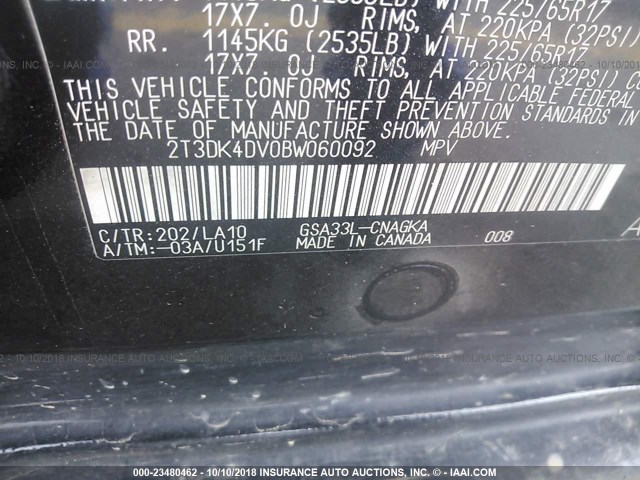 2T3DK4DV0BW060092 - 2011 TOYOTA RAV4 LIMITED BLACK photo 9