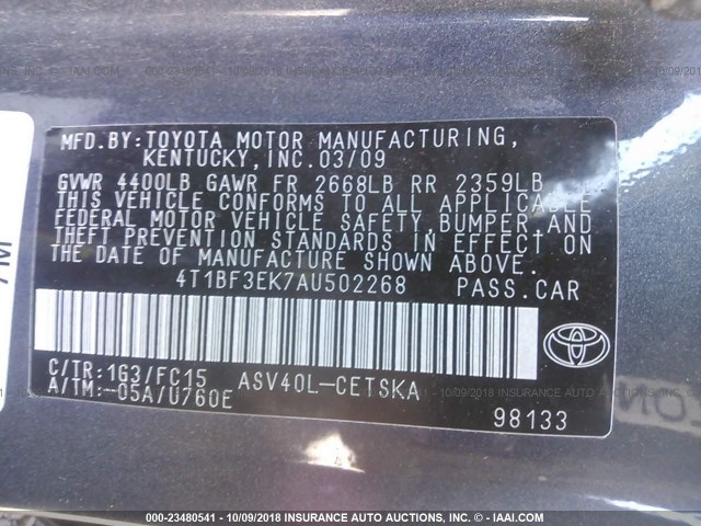 4T1BF3EK7AU502268 - 2010 TOYOTA CAMRY SE/LE/XLE 灰色 照片 9