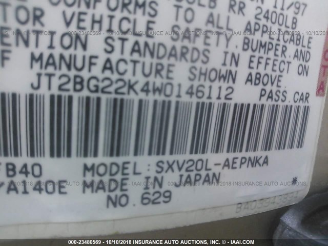 JT2BG22K4W0146112 - 1998 TOYOTA CAMRY CE/LE/XLE TAN photo 9