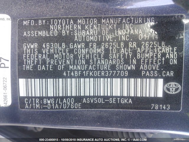 4T4BF1FK0ER377709 - 2014 TOYOTA CAMRY L/SE/LE/XLE 蓝色 照片 9