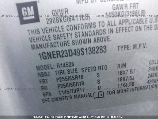 1GNER23D49S138283 - 2009 CHEVROLET TRAVERSE LT SILVER photo 9