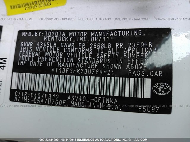 4T1BF3EK7BU768424 - 2011 TOYOTA CAMRY SE/LE/XLE WHITE photo 9