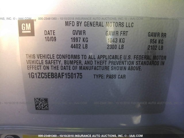 1G1ZC5EB8AF150175 - 2010 CHEVROLET MALIBU 1LT GRAY photo 9