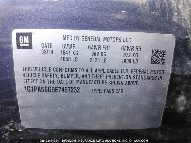 1G1PA5SG5E7467232 - 2014 CHEVROLET CRUZE LS GRAY photo 9