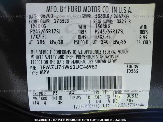 1FMZU74W63UC46983 - 2003 FORD EXPLORER EDDIE BAUER GREEN photo 9