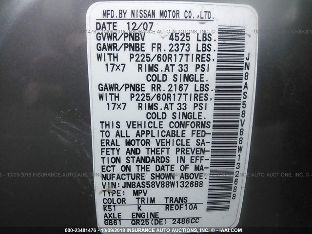 JN8AS58V88W132688 - 2008 NISSAN ROGUE S/SL SILVER photo 9