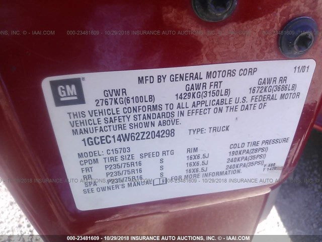 1GCEC14W62Z204298 - 2002 CHEVROLET SILVERADO C1500 RED photo 9