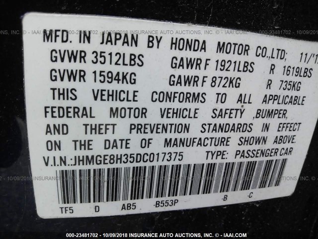 JHMGE8H35DC017375 - 2013 HONDA FIT BLUE photo 9