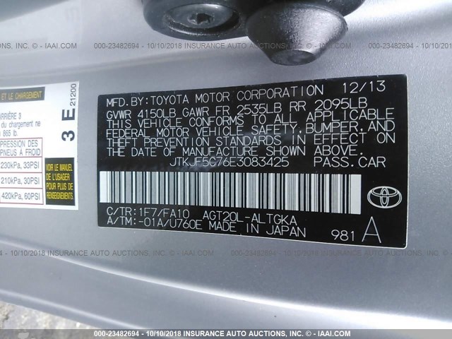 JTKJF5C76E3083425 - 2014 TOYOTA SCION TC 银色 照片 9