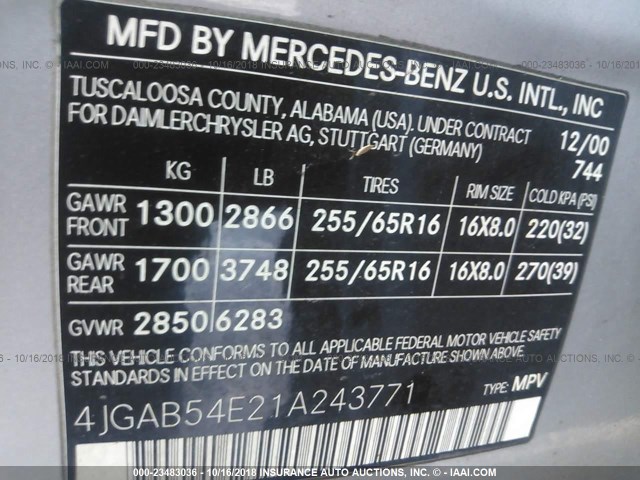 4JGAB54E21A243771 - 2001 MERCEDES-BENZ ML 320 SILVER photo 9