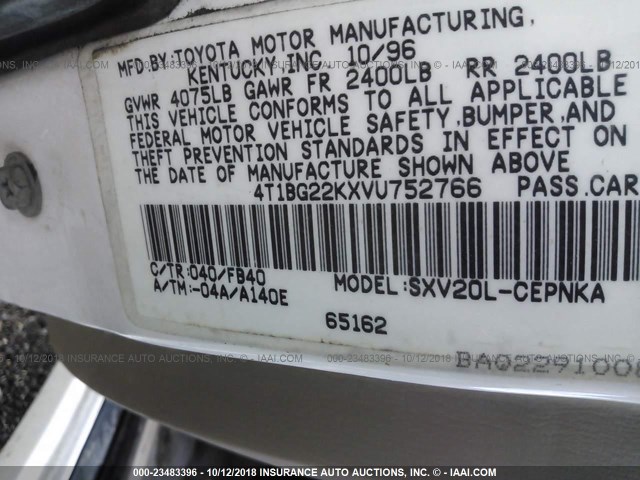 4T1BG22KXVU752766 - 1997 TOYOTA CAMRY CE/LE/XLE WHITE photo 9