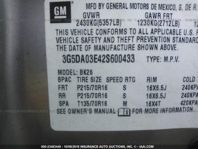 3G5DA03E42S600433 - 2002 BUICK RENDEZVOUS CX SILVER photo 9