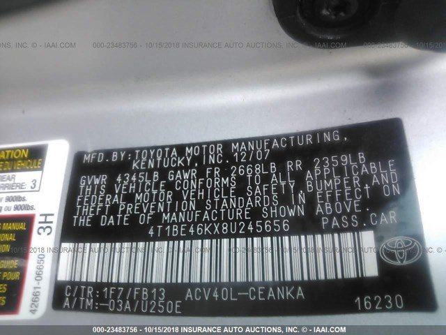 4T1BE46KX8U245656 - 2008 TOYOTA CAMRY CE/LE/XLE/SE SILVER photo 9