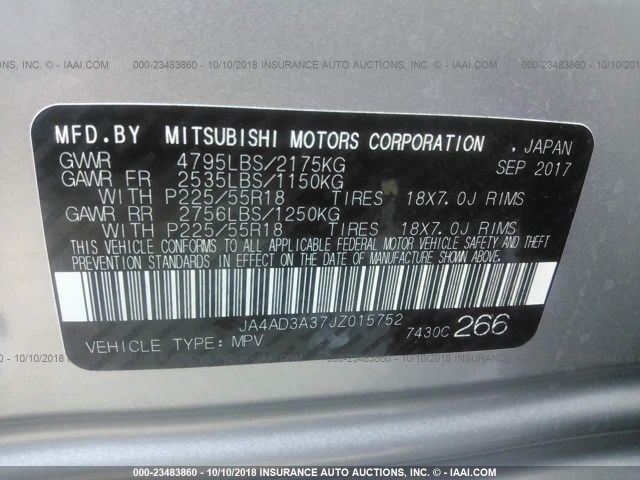 JA4AD3A37JZ015752 - 2018 MITSUBISHI OUTLANDER SE/SEL SILVER photo 9