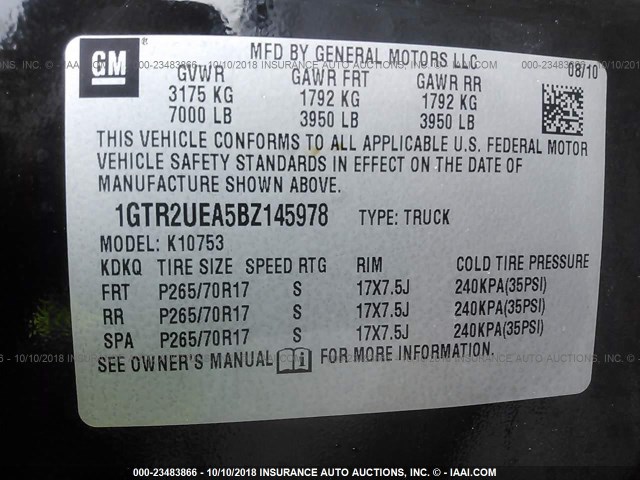 1GTR2UEA5BZ145978 - 2011 GMC SIERRA K1500 SL BLACK photo 9