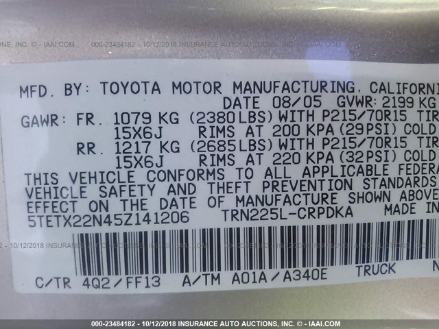 5TETX22N45Z141206 - 2005 TOYOTA TACOMA ACCESS CAB ოქროსფერი ფოტო 9