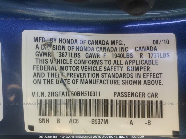 2HGFA1F60BH510311 - 2011 HONDA CIVIC LX-S BLUE photo 9