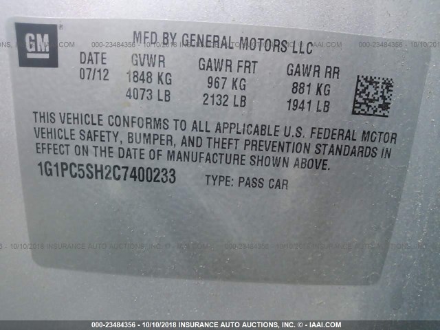 1G1PC5SH2C7400233 - 2012 CHEVROLET CRUZE LS SILVER photo 9