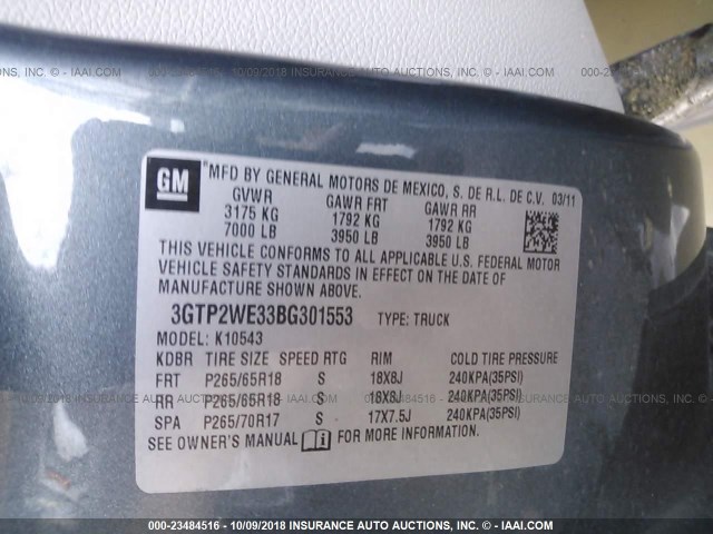 3GTP2WE33BG301553 - 2011 GMC SIERRA K1500 SLT BLUE photo 9