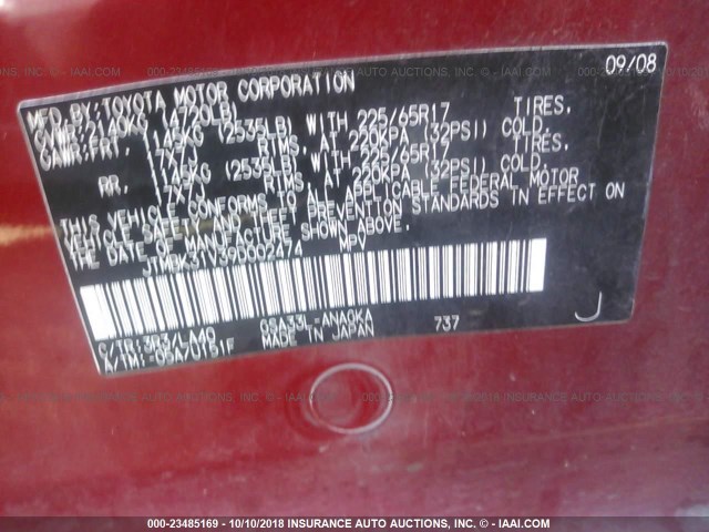 JTMBK31V39D002474 - 2009 TOYOTA RAV4 LIMITED RED photo 9