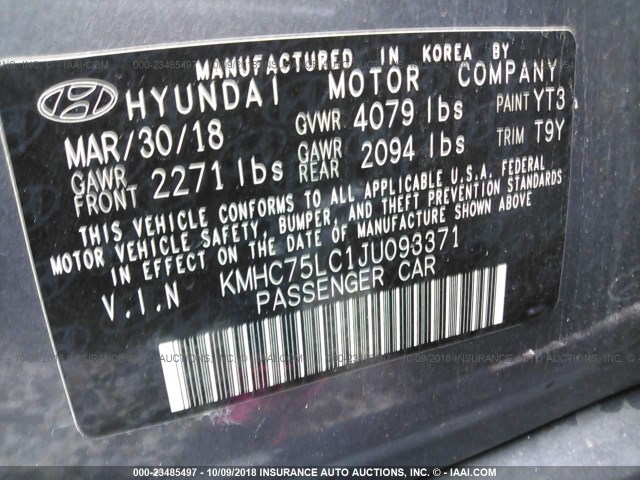 KMHC75LC1JU093371 - 2018 HYUNDAI IONIQ SEL GRAY photo 9