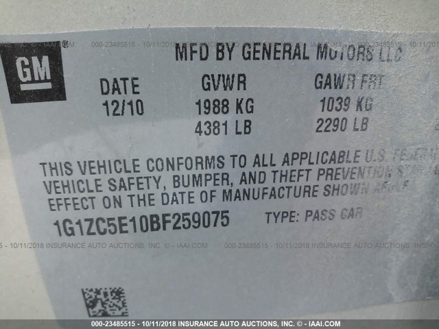 1G1ZC5E10BF259075 - 2011 CHEVROLET MALIBU 1LT GOLD photo 9