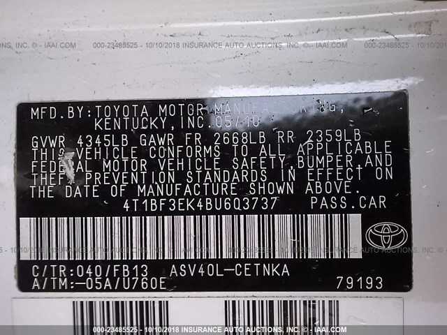 4T1BF3EK4BU603737 - 2011 TOYOTA CAMRY SE/LE/XLE WHITE photo 9