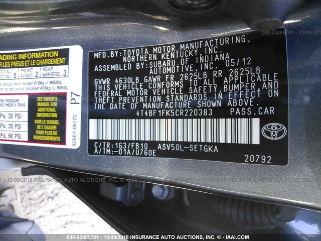4T4BF1FK5CR220383 - 2012 TOYOTA CAMRY SE/LE/XLE GRAY photo 9