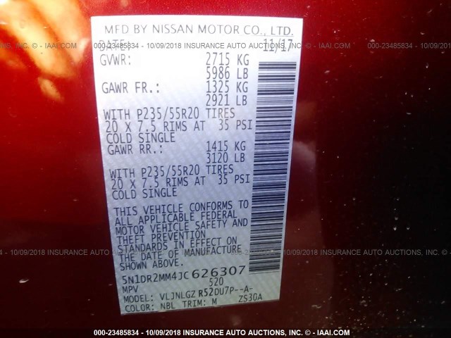 5N1DR2MM4JC626307 - 2018 NISSAN PATHFINDER S/SV/SL/PLATINUM RED photo 9