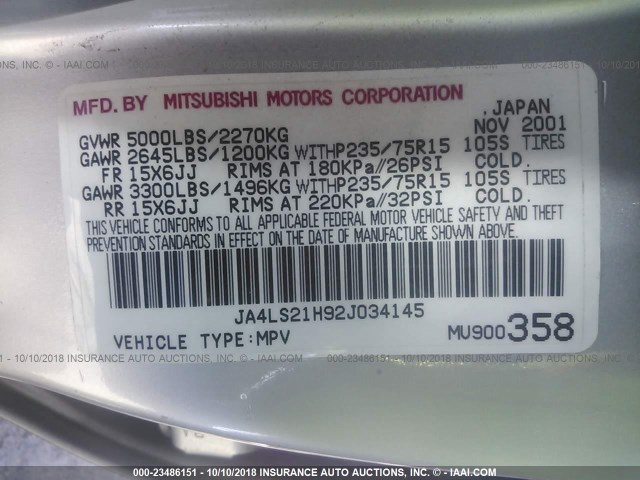 JA4LS21H92J034145 - 2002 MITSUBISHI MONTERO SPORT ES/SPORT LS SILVER photo 9