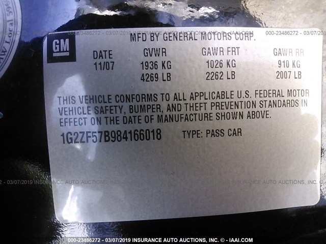 1G2ZF57B984166018 - 2008 PONTIAC G6 VALUE LEADER/BASE BLACK photo 9