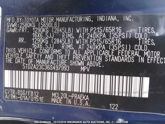 5TDZA23C36S497993 - 2006 TOYOTA SIENNA CE/LE BLUE photo 9