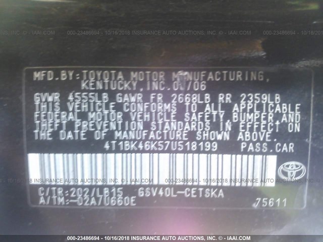 4T1BK46K57U518199 - 2007 TOYOTA CAMRY NEW GENERAT LE/XLE/SE BLACK photo 9