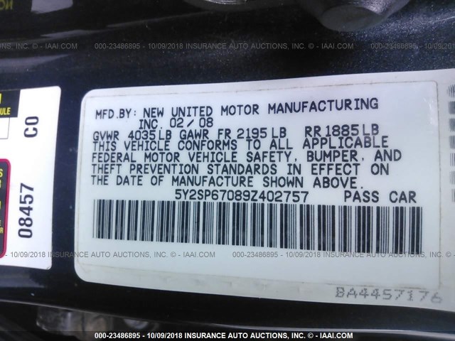 5Y2SP67089Z402757 - 2009 PONTIAC VIBE GRAY photo 9