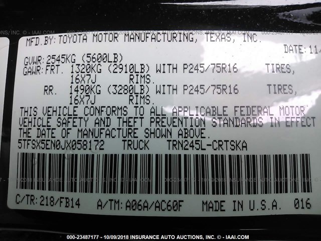 5TFSX5EN0JX058172 - 2018 TOYOTA TACOMA ACCESS CAB/SR/SR5 BLACK photo 9