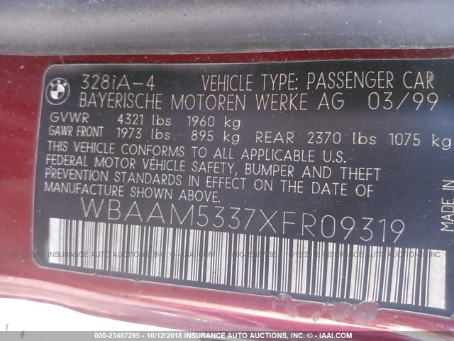 WBAAM5337XFR09319 - 1999 BMW 328 I AUTOMATIC Կարմիր լուսանկար 9