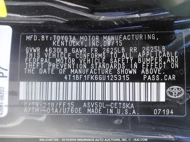 4T1BF1FK6GU125315 - 2016 TOYOTA CAMRY LE/XLE/SE/XSE BLACK photo 9