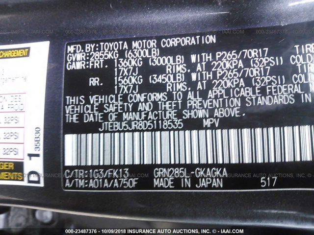 JTEBU5JR8D5118535 - 2013 TOYOTA 4RUNNER SR5/LIMITED/TRAIL GRAY photo 9