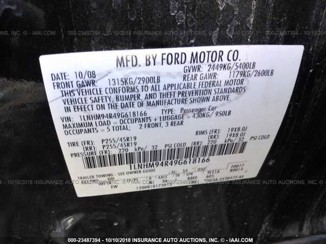 1LNHM94R49G618166 - 2009 LINCOLN MKS BLACK photo 9