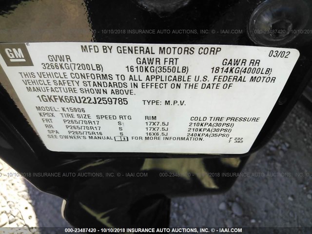 1GKFK66U22J259785 - 2002 GMC DENALI XL K1500 BLACK photo 9