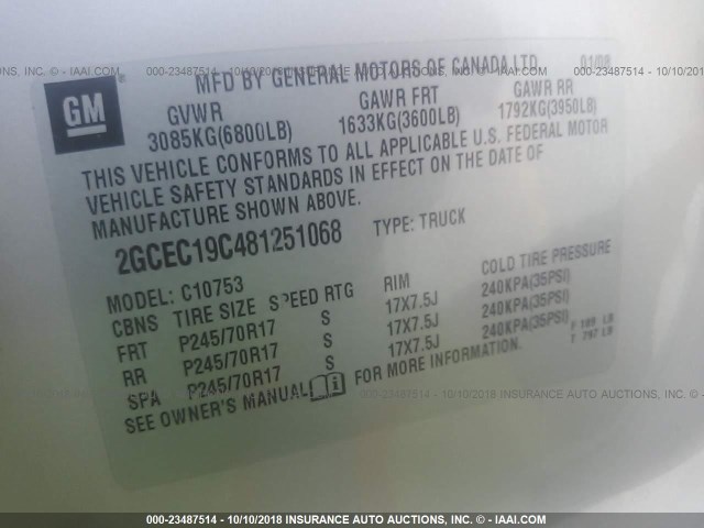 2GCEC19C481251068 - 2008 CHEVROLET SILVERADO C1500 SILVER photo 9