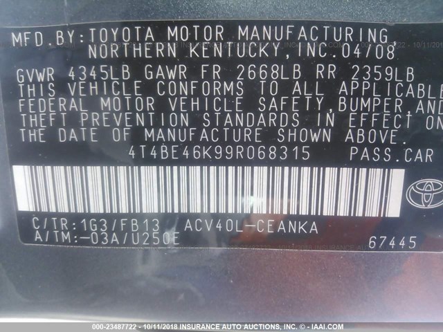 4T4BE46K99R068315 - 2009 TOYOTA CAMRY SE/LE/XLE 灰色 照片 9