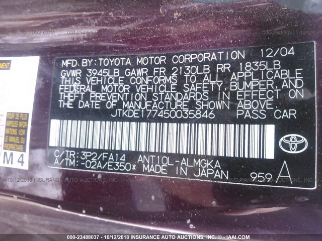 JTKDE177450035846 - 2005 TOYOTA SCION TC 紫色 照片 9
