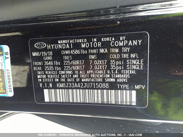 KM8J33A42JU715088 - 2018 HYUNDAI TUCSON SEL/SEL PLUS BLACK photo 9