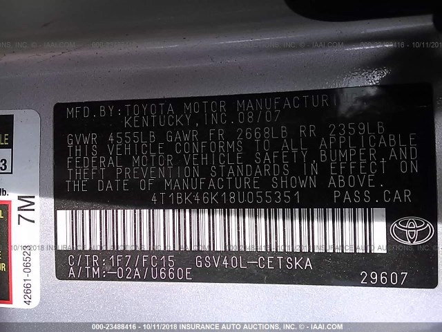 4T1BK46K18U055351 - 2008 TOYOTA CAMRY LE/XLE/SE SILVER photo 9