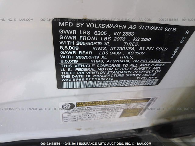 WVGEP9BP2FD006752 - 2015 VOLKSWAGEN TOUAREG V6 TDI WHITE photo 9