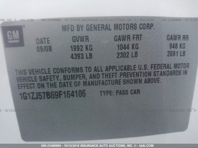 1G1ZJ57B69F164106 - 2009 CHEVROLET MALIBU 2LT WHITE photo 9