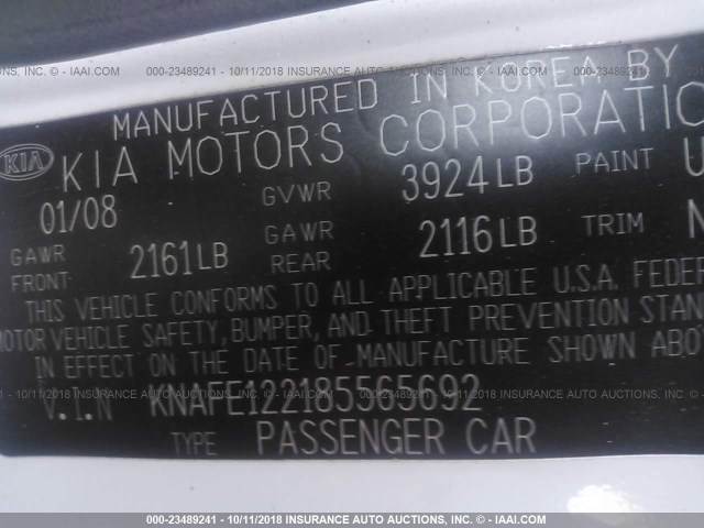 KNAFE122185565692 - 2008 KIA SPECTRA EX/LX/SX WHITE photo 9